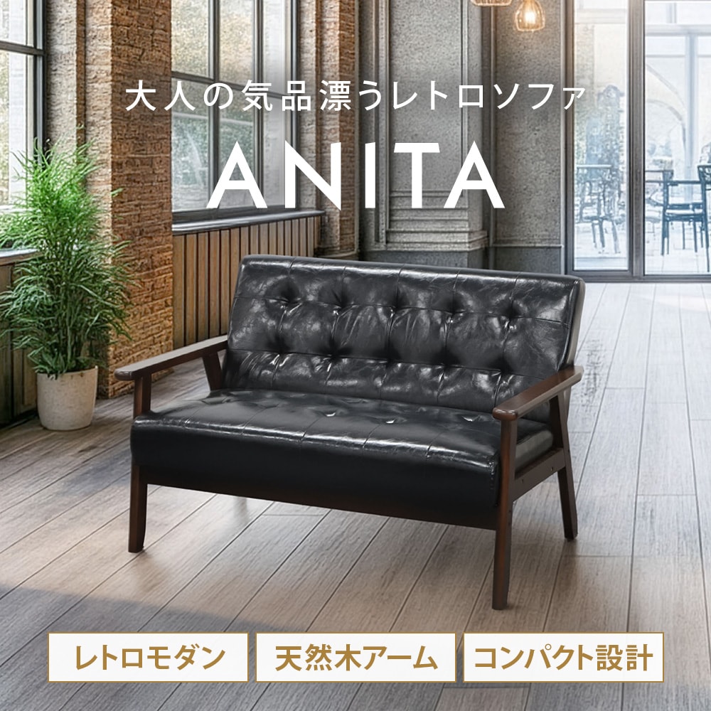 ソファ 2人掛け 肘付き 木製 レザー ANITA-2-2（商品番号：ANITA-2-2