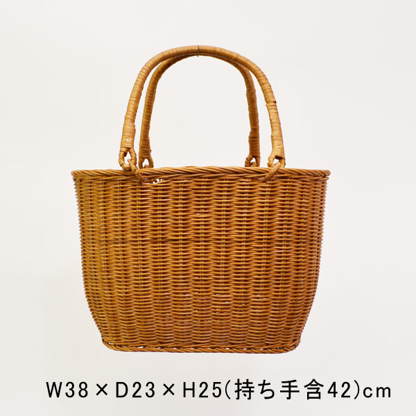ラタンバスケット 買い物かご-長丸 エコバッグやお出掛けにしっかりと