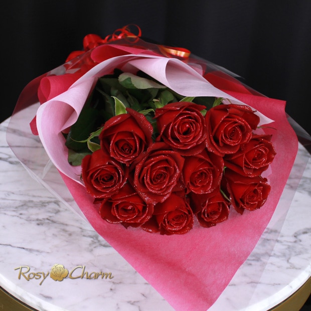 ラメ付き 赤いバラの花束｜スパークリングローズ・ブーケ｜ゴールド