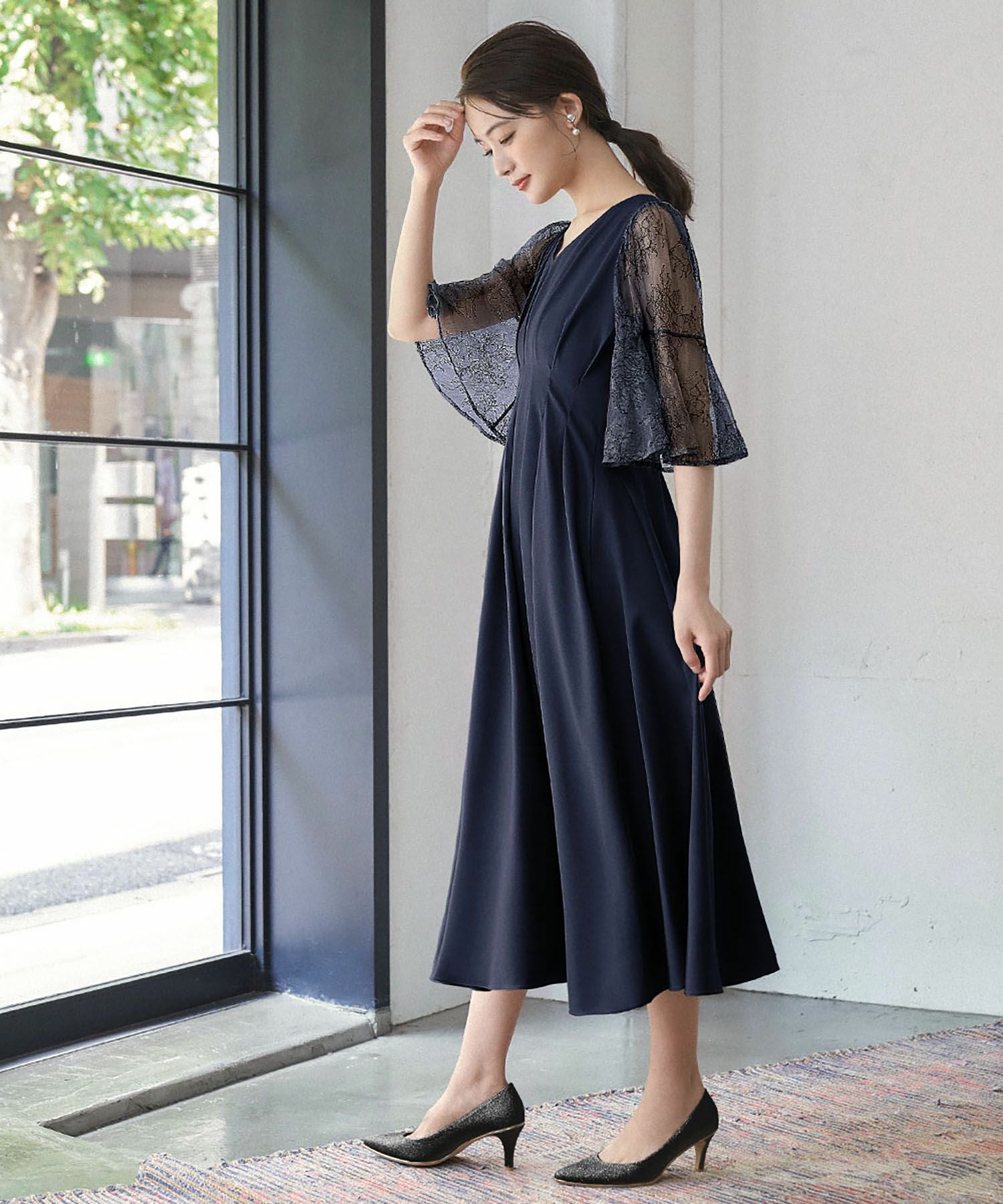 結婚式・お呼ばれ対応 |レース素材フレアスリーブXラインワンピース