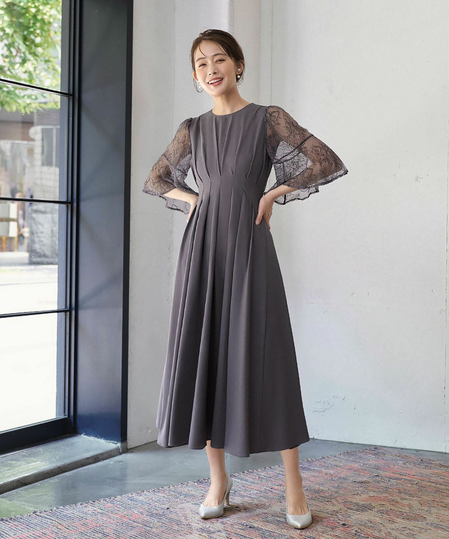 結婚式・お呼ばれ対応 |レース素材フレアスリーブXラインワンピース