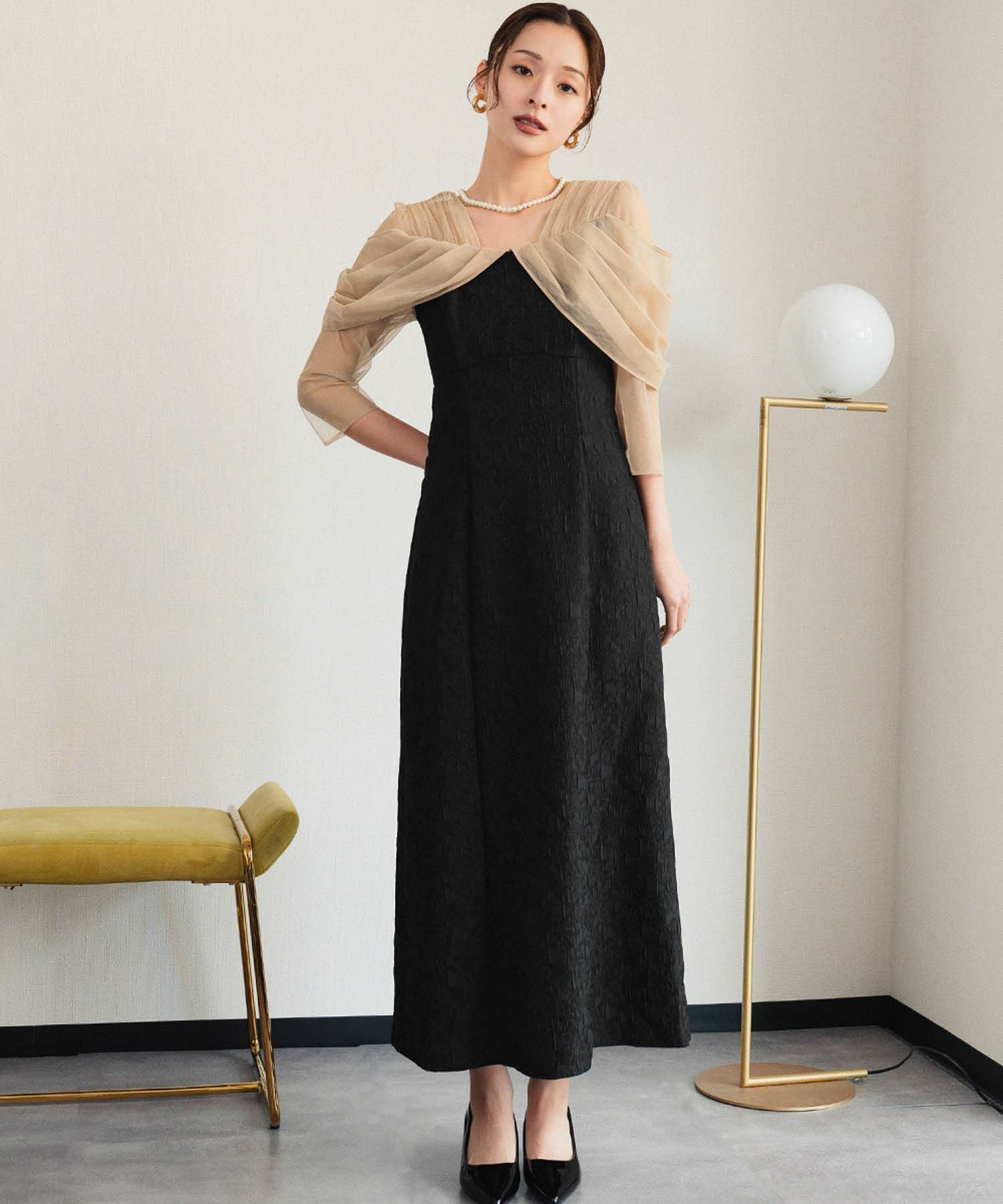 結婚式・お呼ばれ対応 | シアーオフショル風ロングワンピースドレス