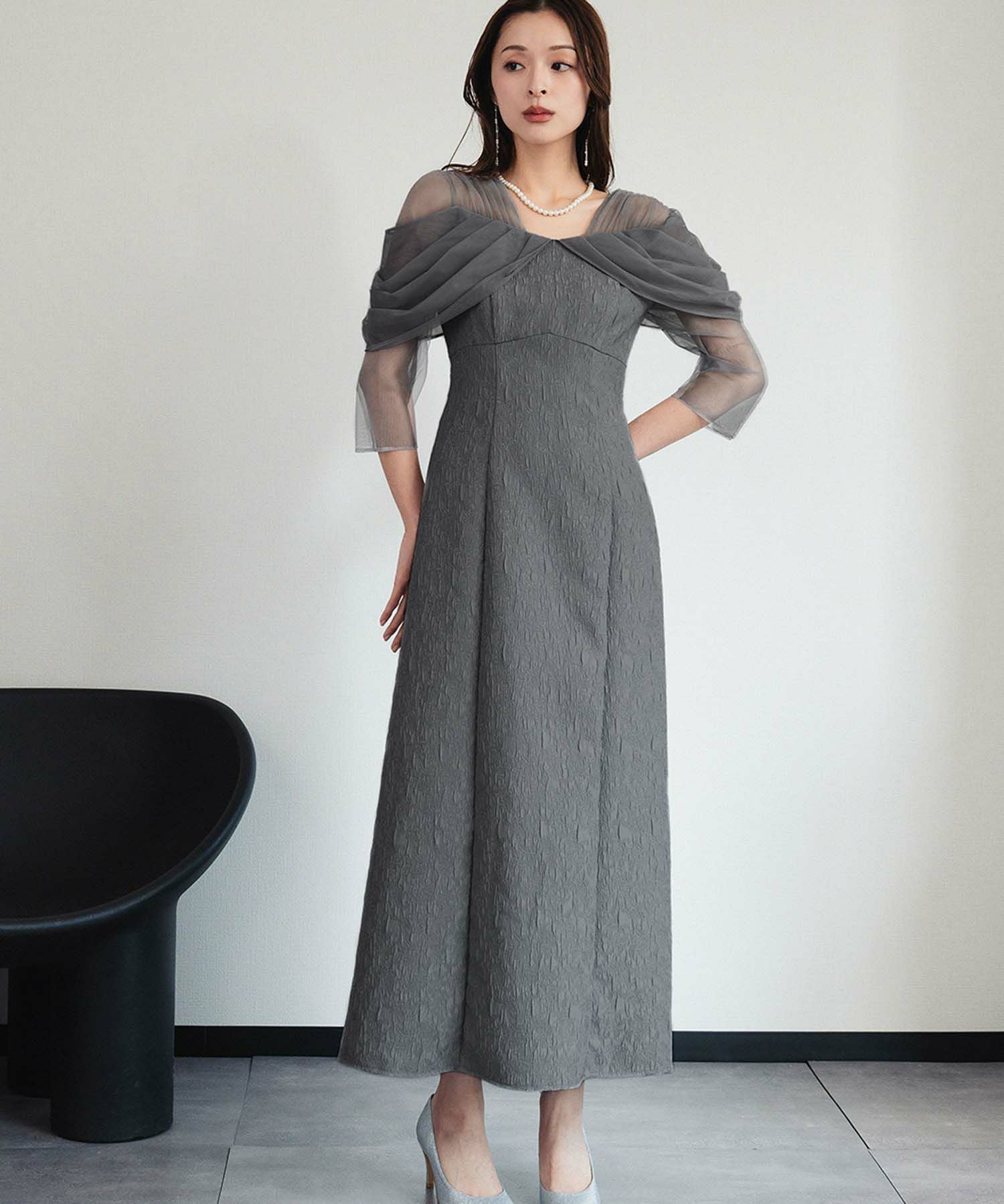 結婚式・お呼ばれ対応 | シアーオフショル風ロングワンピースドレス