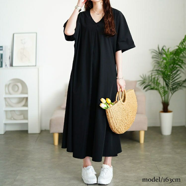 大きいサイズ レディース 深Vネック胸タックワンピース nw-25034