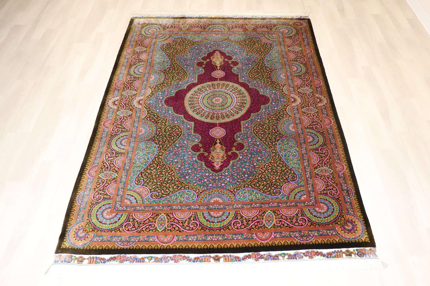 ペルシャ絨毯 クム産 シルク100% リビングサイズ ID23042