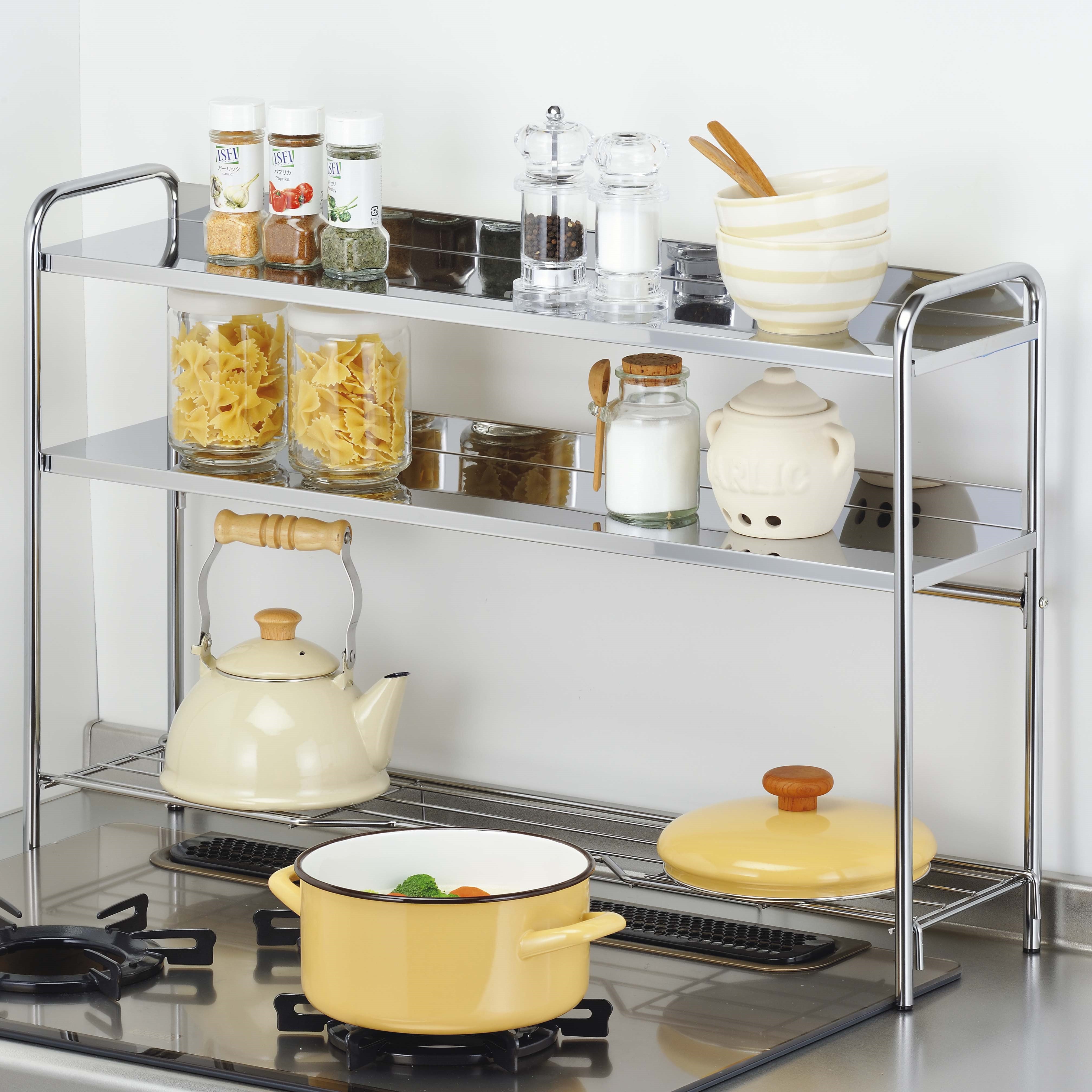 日本製 燕三条 コンロ奥ラック 3段 ステンレス棚 キッチンラック