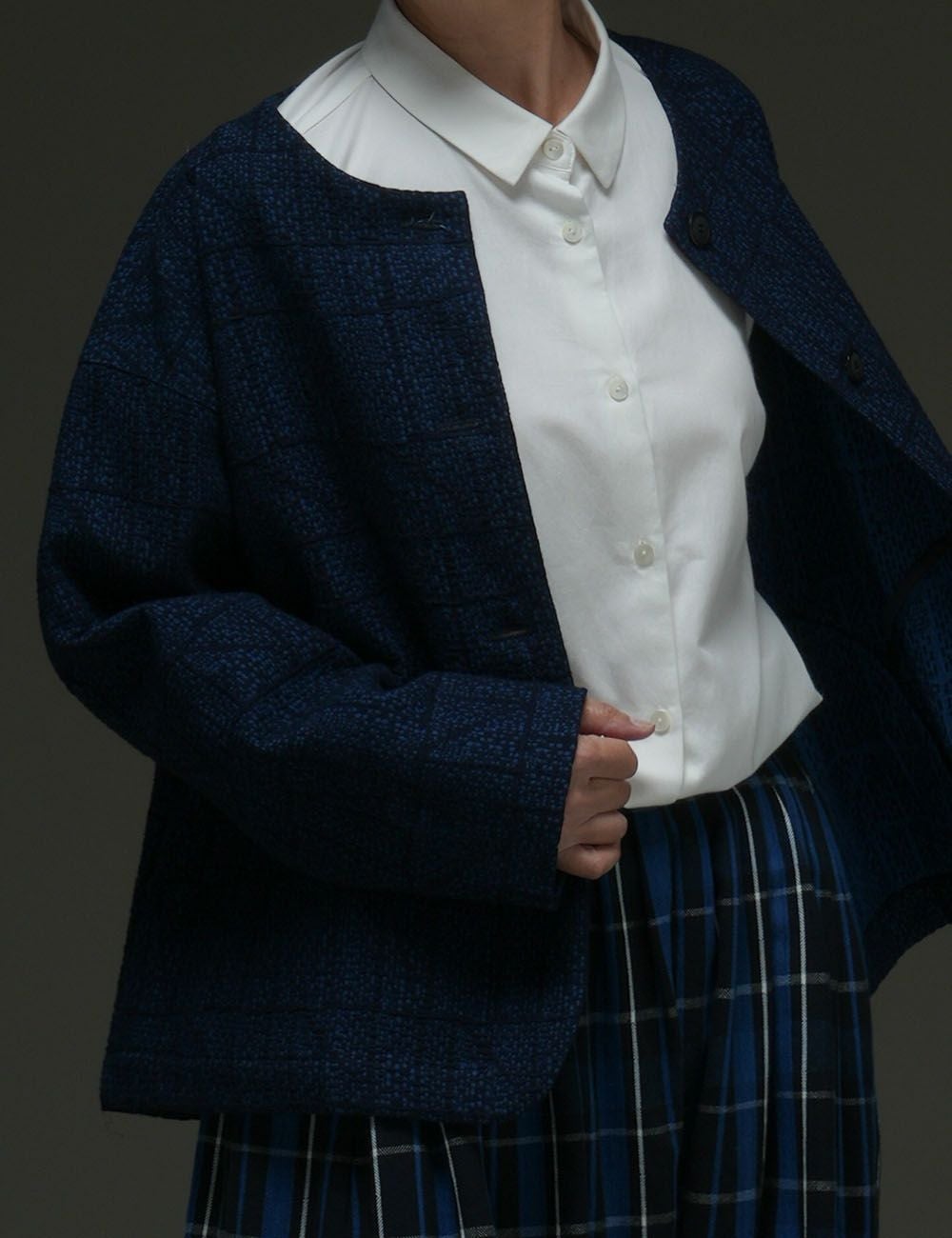 インディゴ刺子つぎはぎジャガードジャケット唐小豆（とうあずき