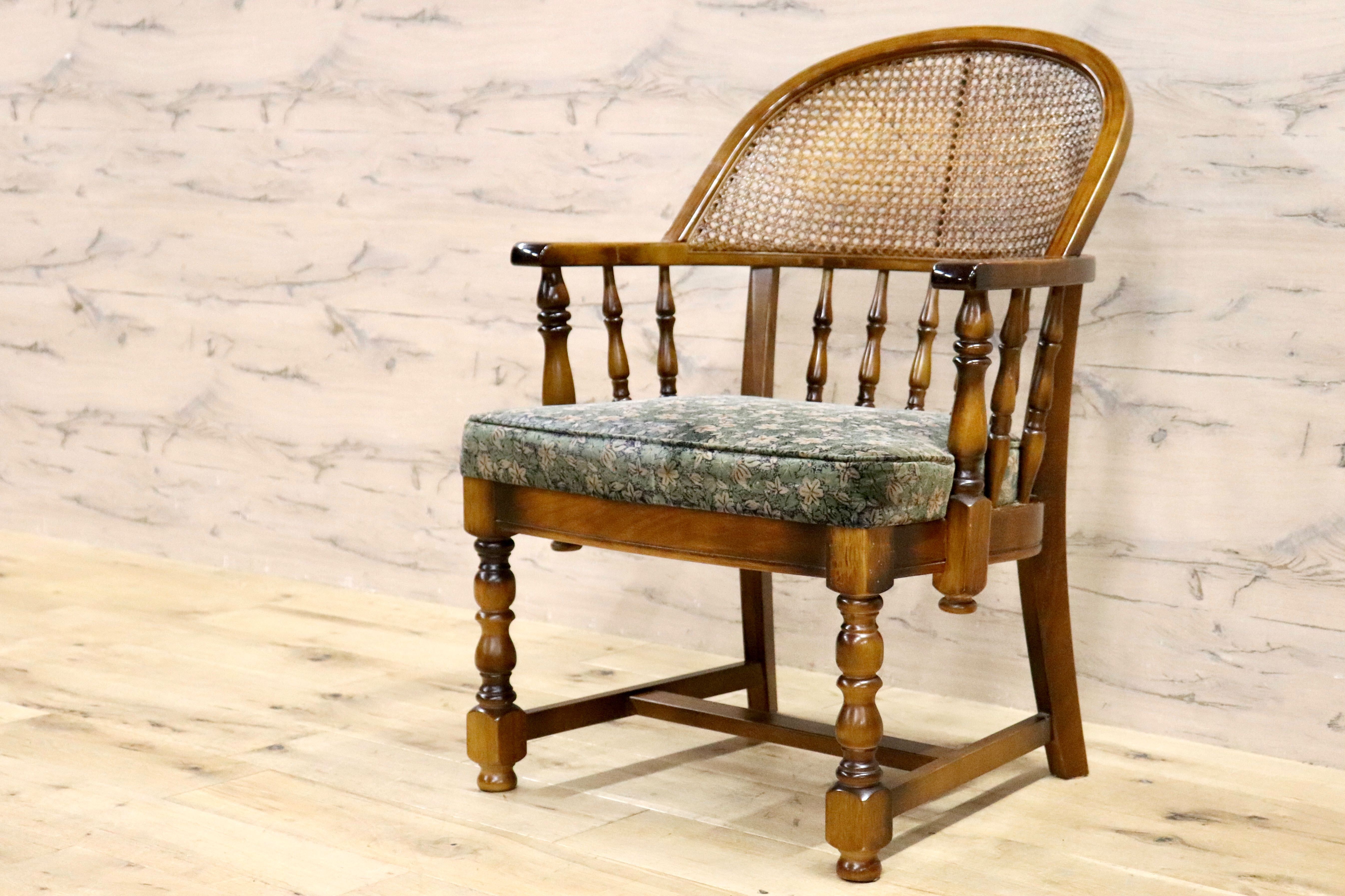 美品】オールド カリモク / ラタンチェア / モケットグリーン