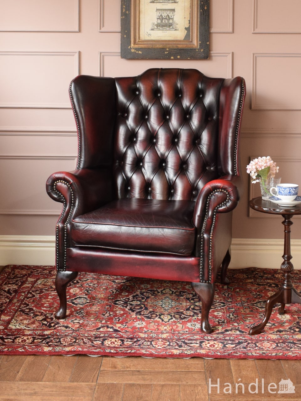 アンティークのウィングバックチェア、英国のヴィンテージの革張り
