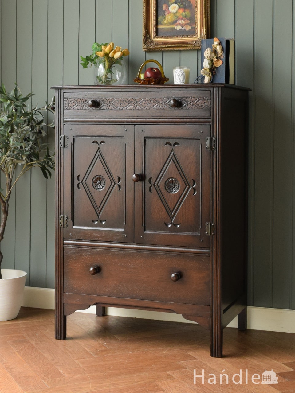 イギリスアンティーク オーク材 ハイチェスト 6段キャビネット 英国