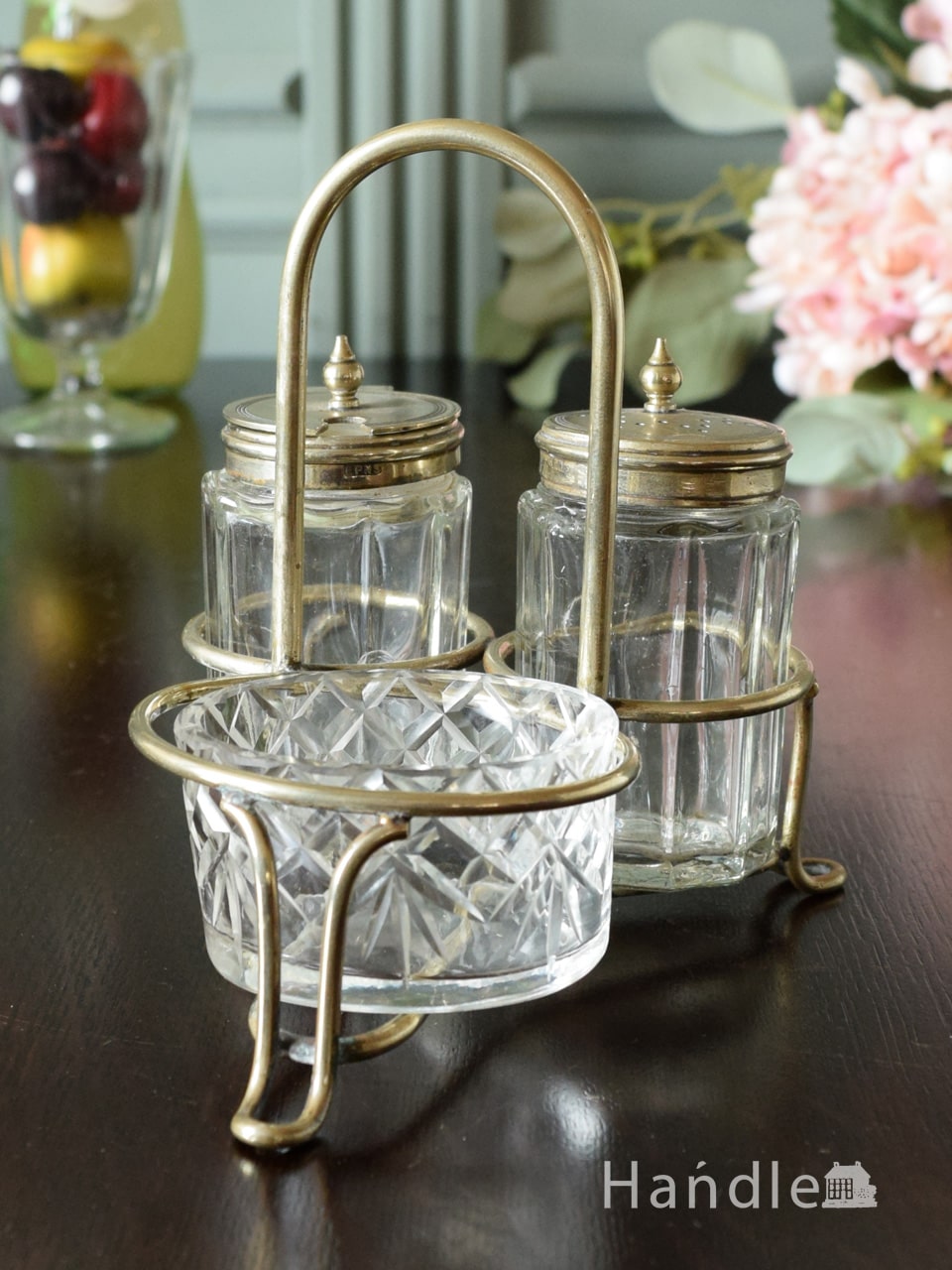 英国アンティークの調味料入れ、ガラス✕シルバープレートのスパイス