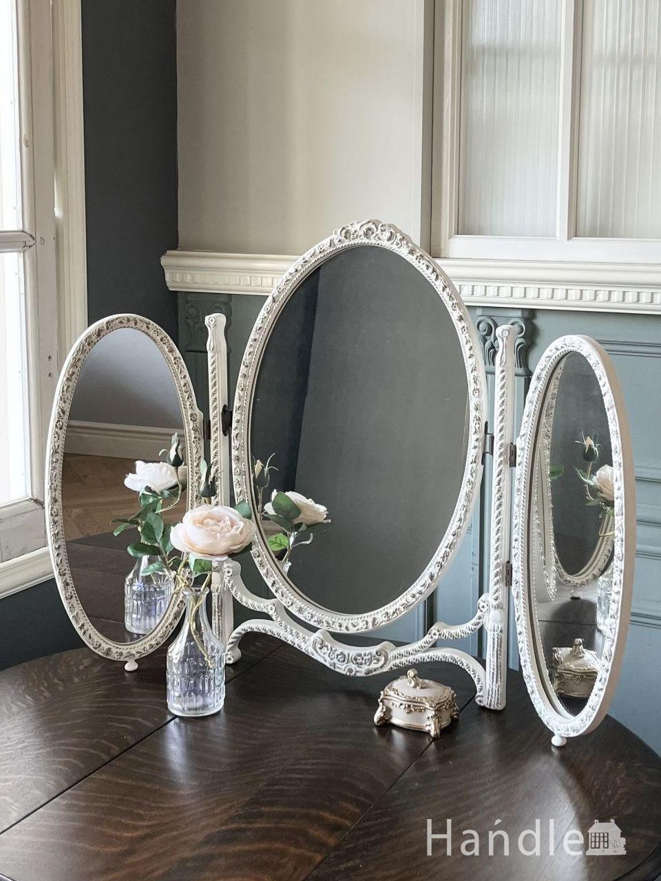 イギリスから届いたアンティークミラー、縁取りが美しい丸型の壁付けの