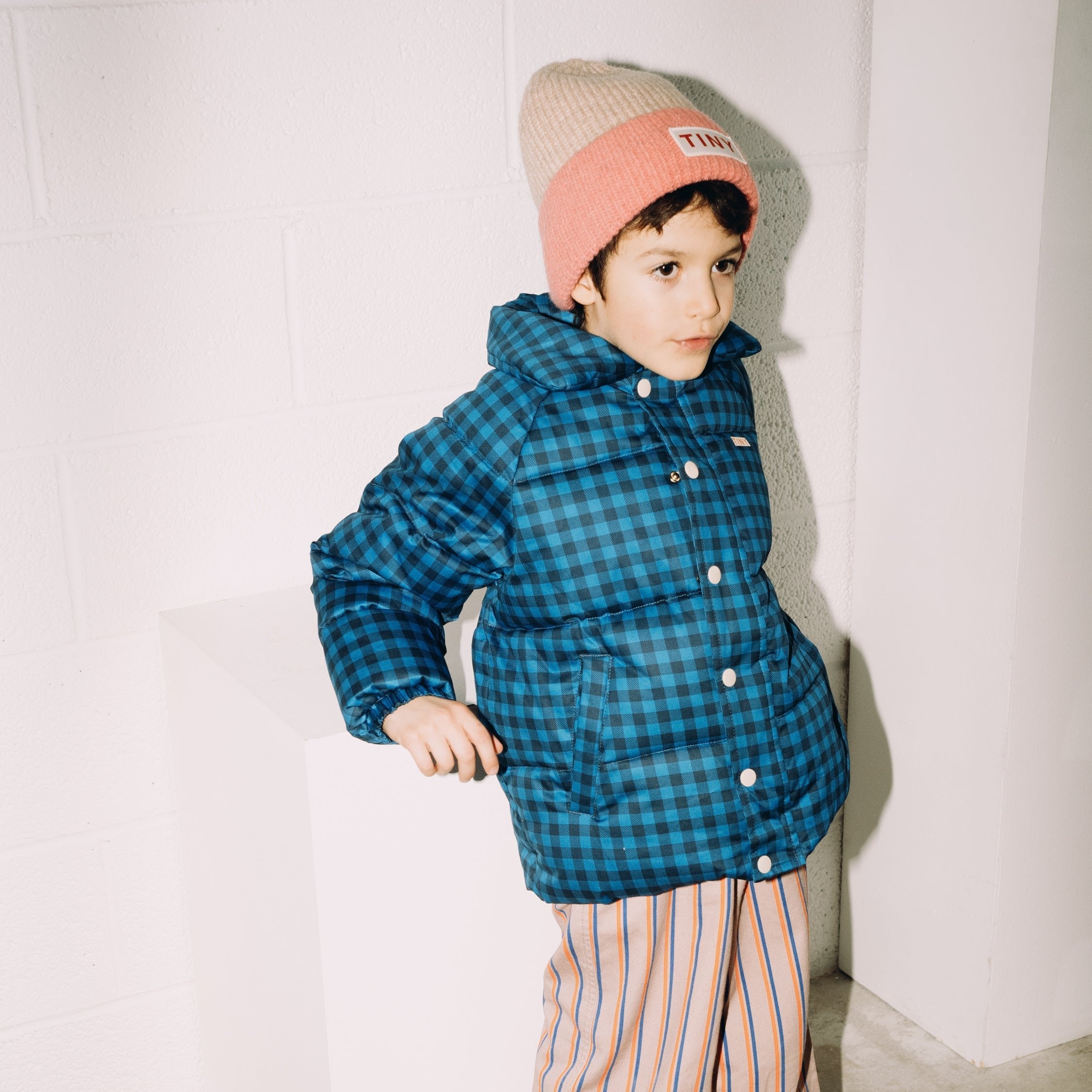 TINYCOTTONS] Vichy Short Padded Jacket - Blue / Navy – 해피리틀애틱