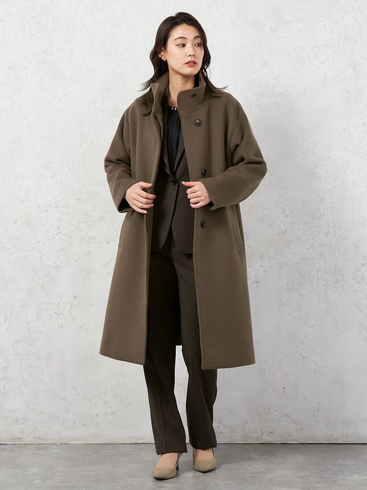 D．ブラウン 【MANTECO】スタンドカラーコート ウール混 インポート