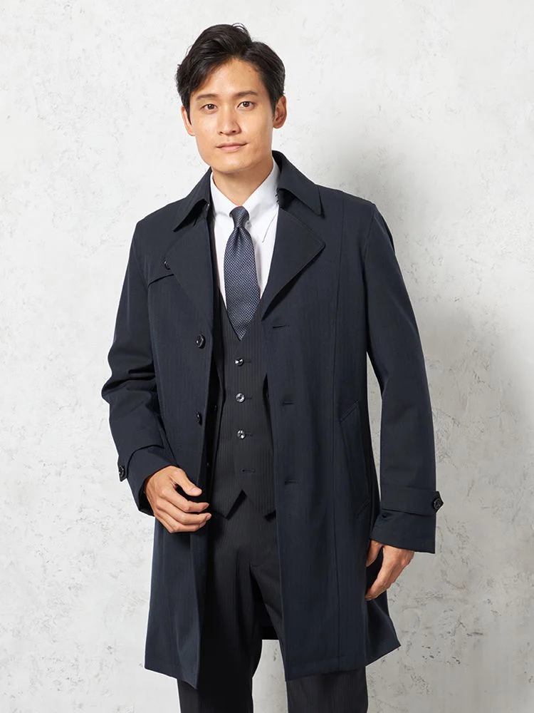 ネイビー 【撥水&防風】シングルセミトレンチAラインコート ライナー付
