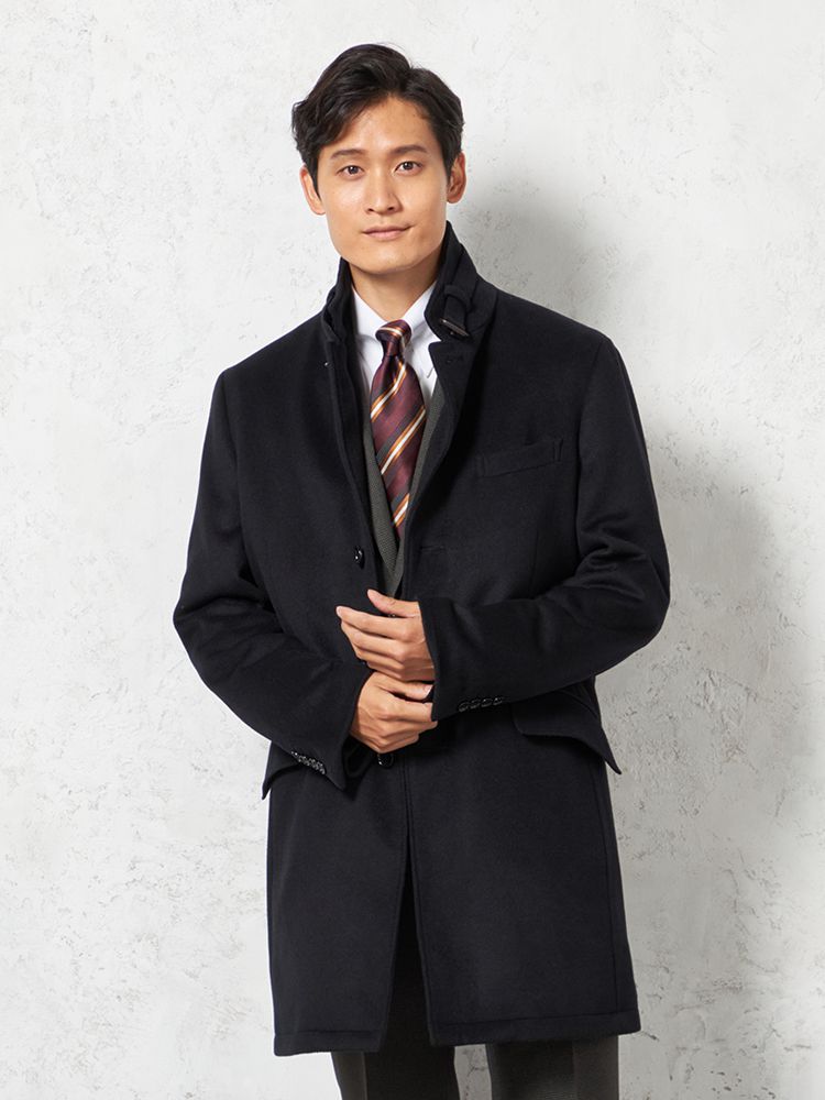 ブラック 【カシミアブレンド】コンバーチブルチェスターコート 無地