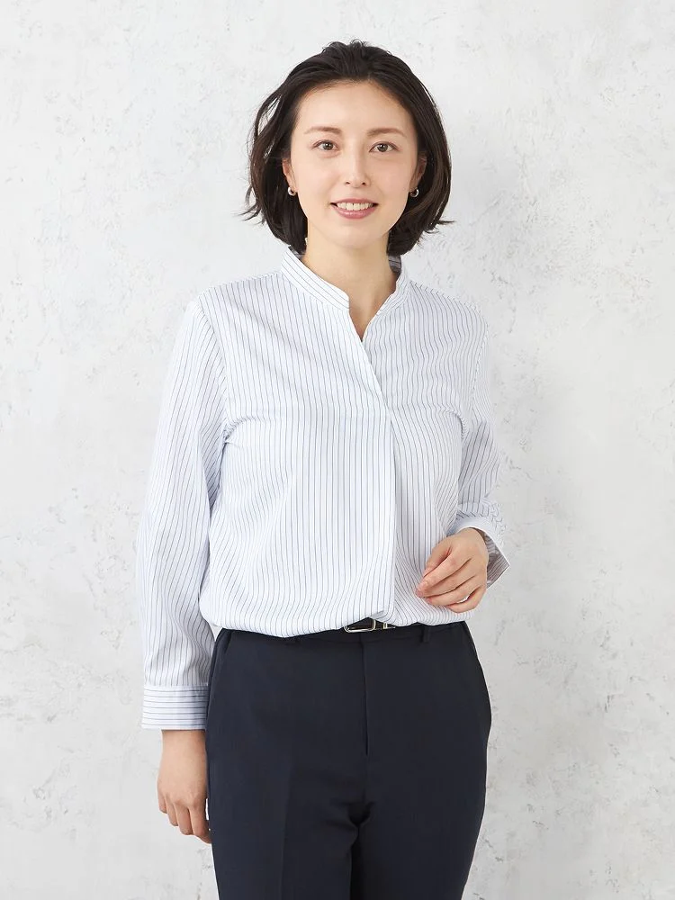 サックス 【形態安定】ブラウス 長袖 9分袖 キーネックブラウス