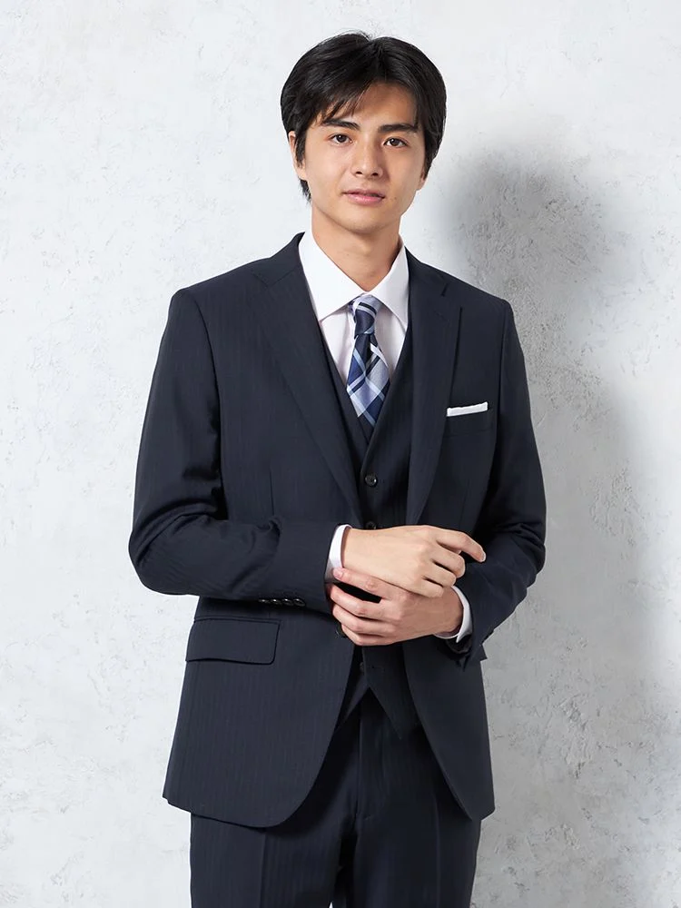 ネイビー 【ウール100％】スリーピーススーツ 2つボタン 背抜き