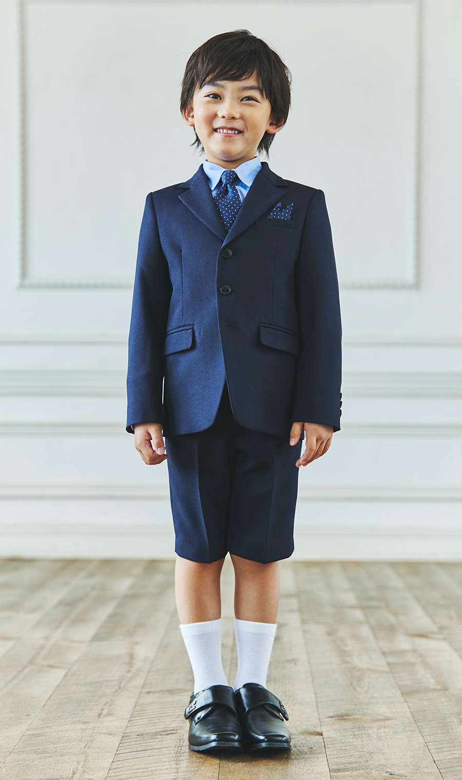 キッズスーツ】紺 ヘリンボーン柄 ブルーシャツ×ドットタイセット(110