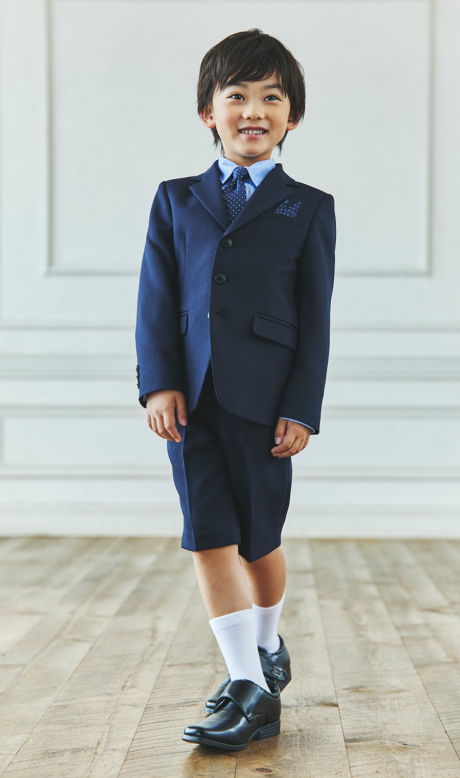 キッズスーツ】紺 ヘリンボーン柄 ブルーシャツ×ドットタイセット(110