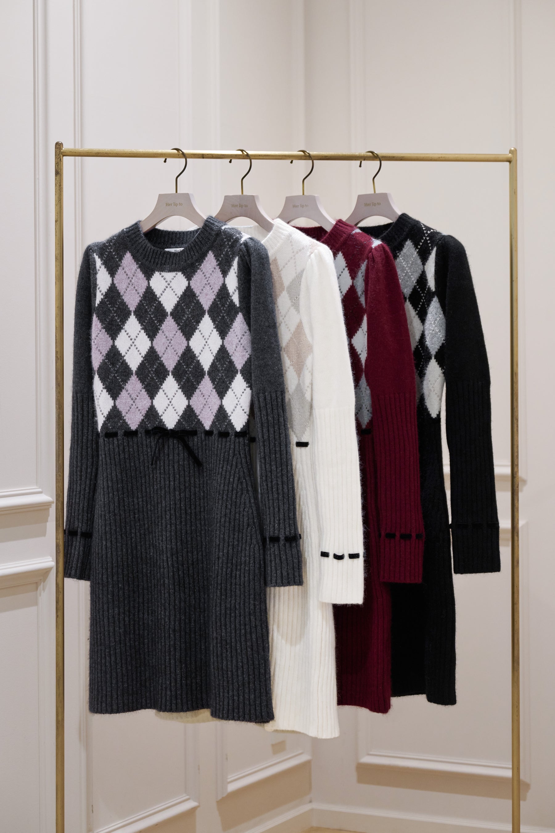 New Color]Moor Argyle Ribbon Knit Dress