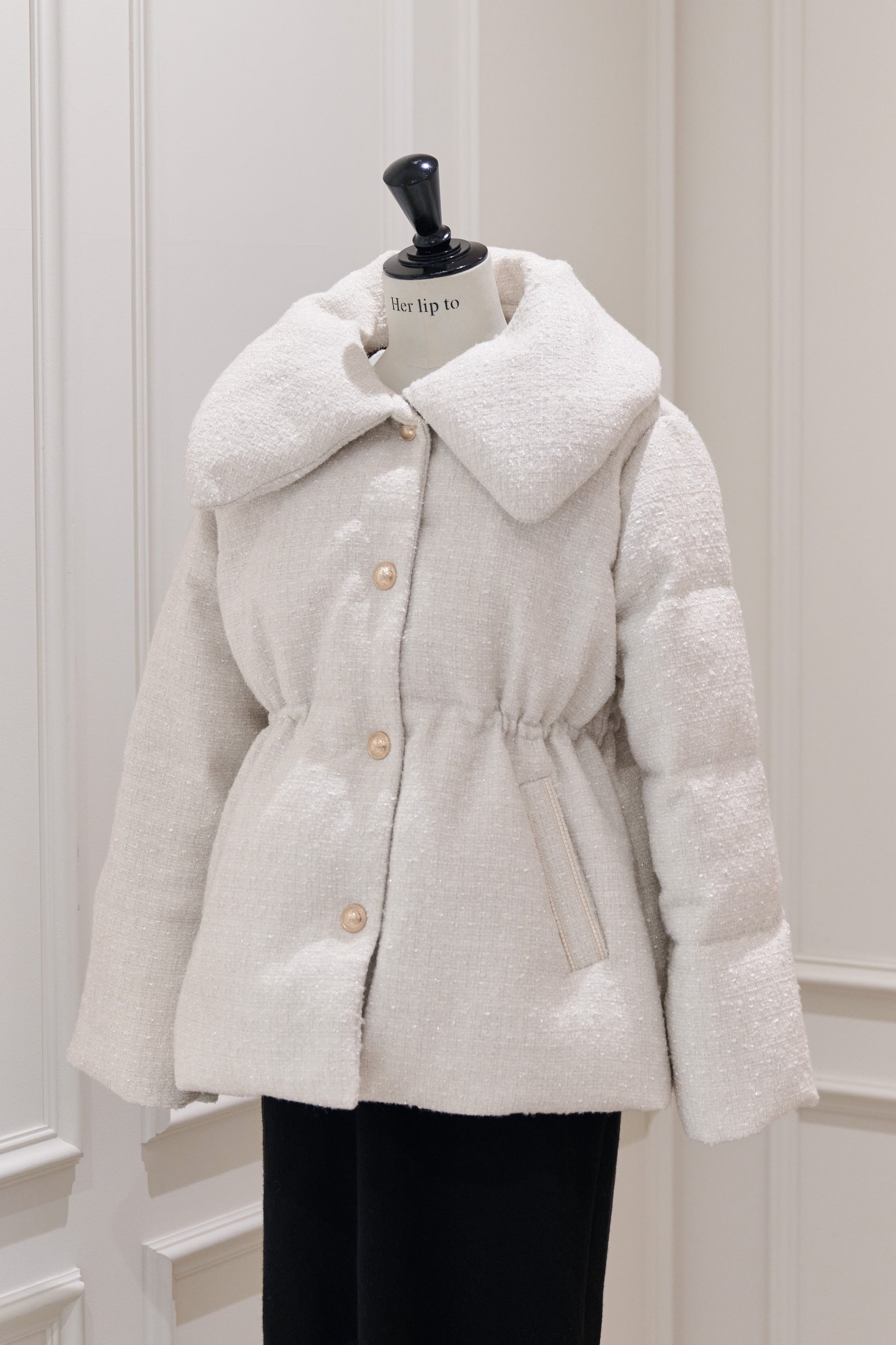 Gold-Button Tweed Down Jacket