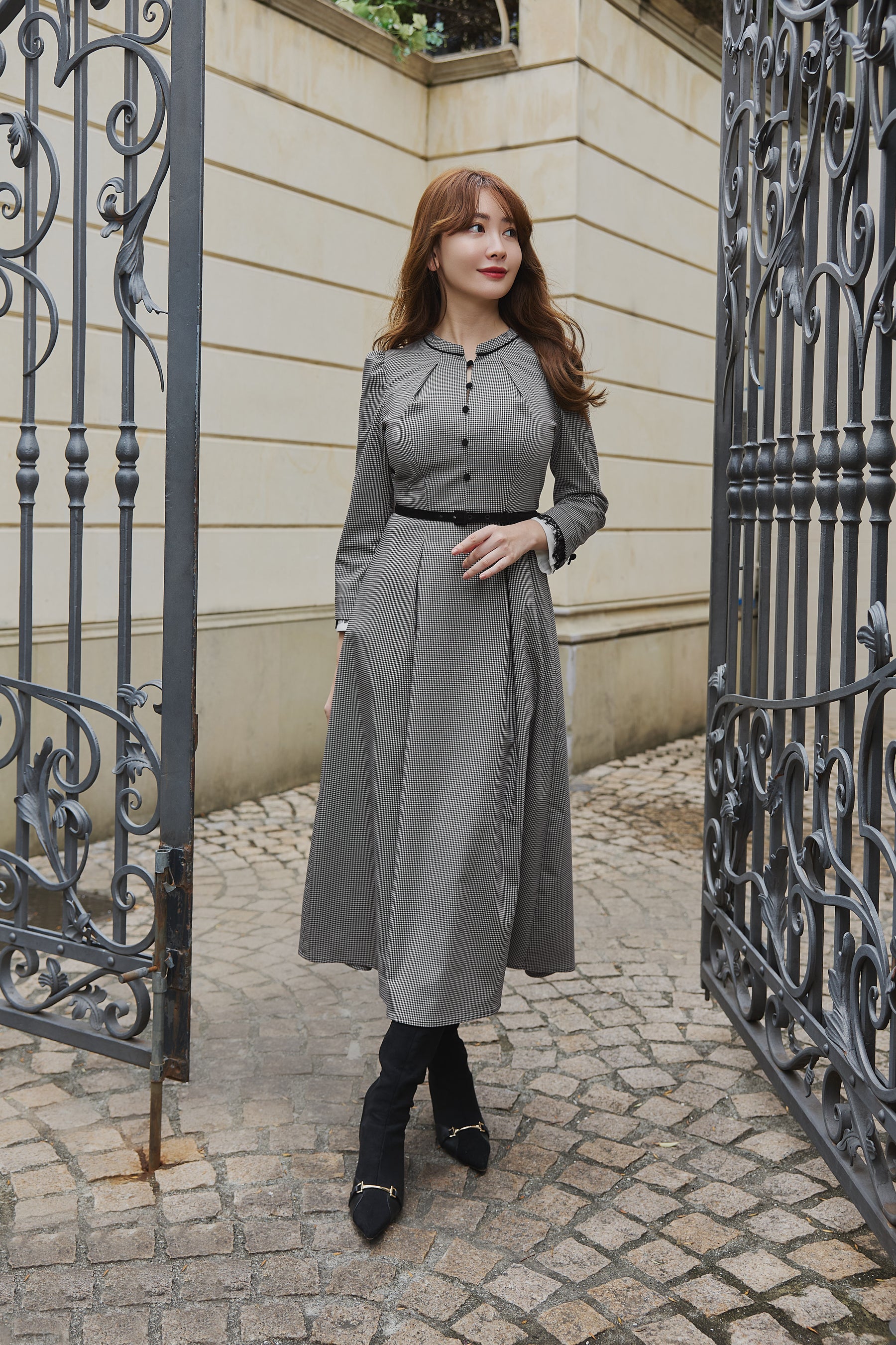 Classic Monochrome Check Midi Dress