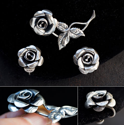 Beau Sterling-シルバー925-静寂の情熱ローズ・ブローチ＆イヤリング
