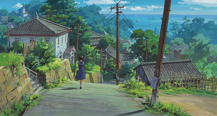 女の子アニメキャラクター、 イラスト、 都市、 風景、 アニメの女の子