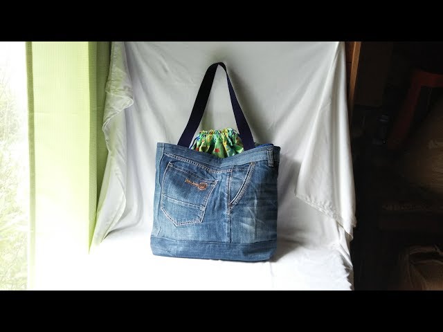 初めて作る、ジーンズリメイク巾着トートバック - YouTube