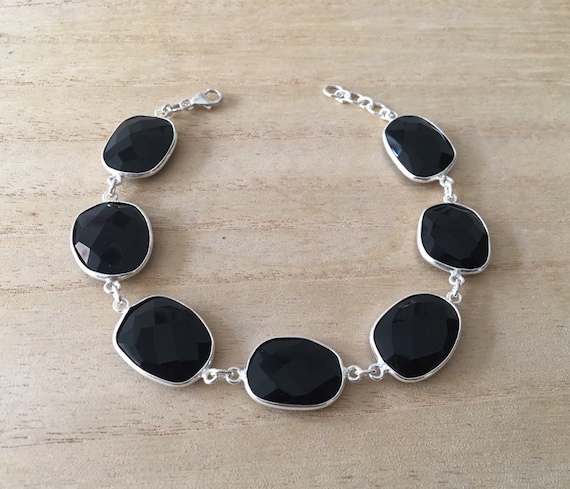 ファセットブラックオニキススターリングシルバーブレスレット