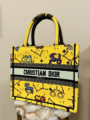 RARE Christian Dior Zodiac Pixel Tote Yellow Canvas Book Handbag