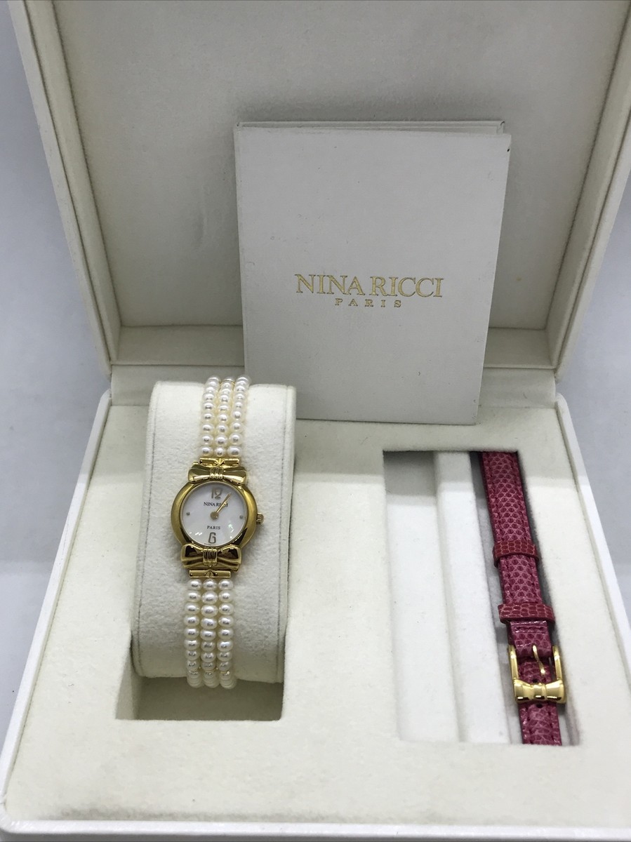 Nina Ricci Watch Swiss Quartz #520389 SM 958 Gold Bows Real Pearls