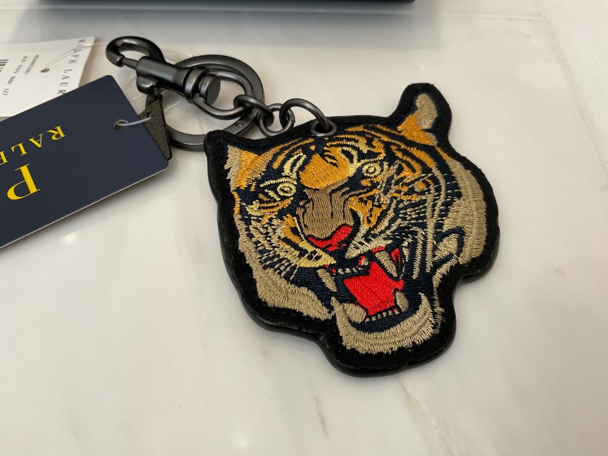 NEW Polo Ralph Lauren Leather Embroidered TIGER HEAD Keychain