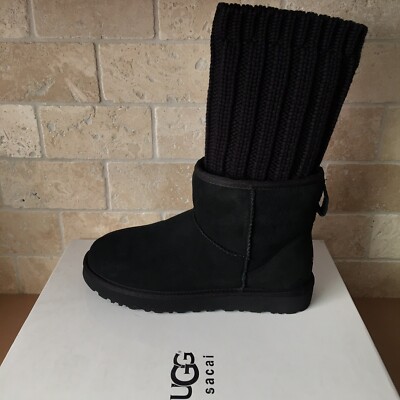 UGG x Sacai Knit Classic Mini Short II Black Suede Boots Size 8