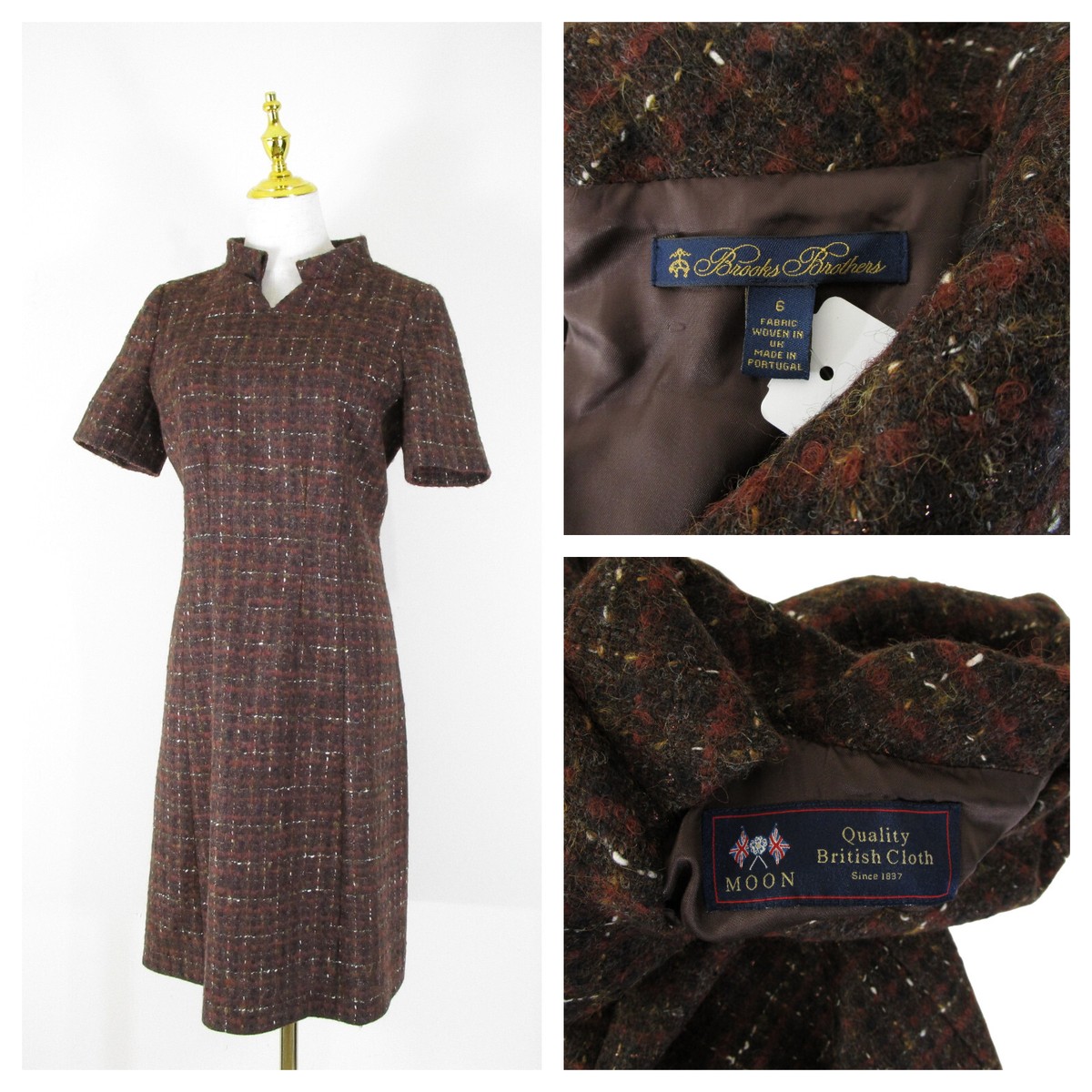 Brooks Brothers British Moon Brown Metallic Wool Tweed Sheath