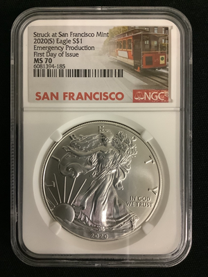 2020 (S) SILVER EAGLE NGC MS70 ER STRUCK AT SAN FRANCISCO