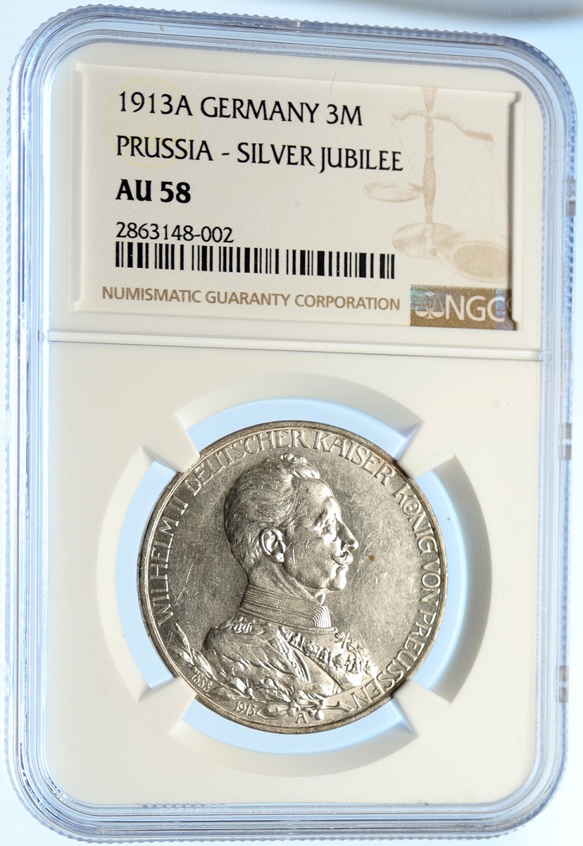1913 A GERMANY GERMAN STATES PRUSSIA WILHELM II Silver 3 Marks