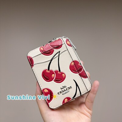 NWT Coach Zip Card Case With Cherry Print CZ761 Silver/Chalk Multi
