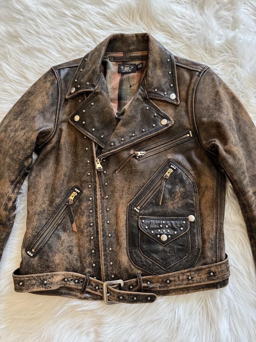 RRL Double RL Ralph Lauren New Studded Leather Moto Jacket Brown