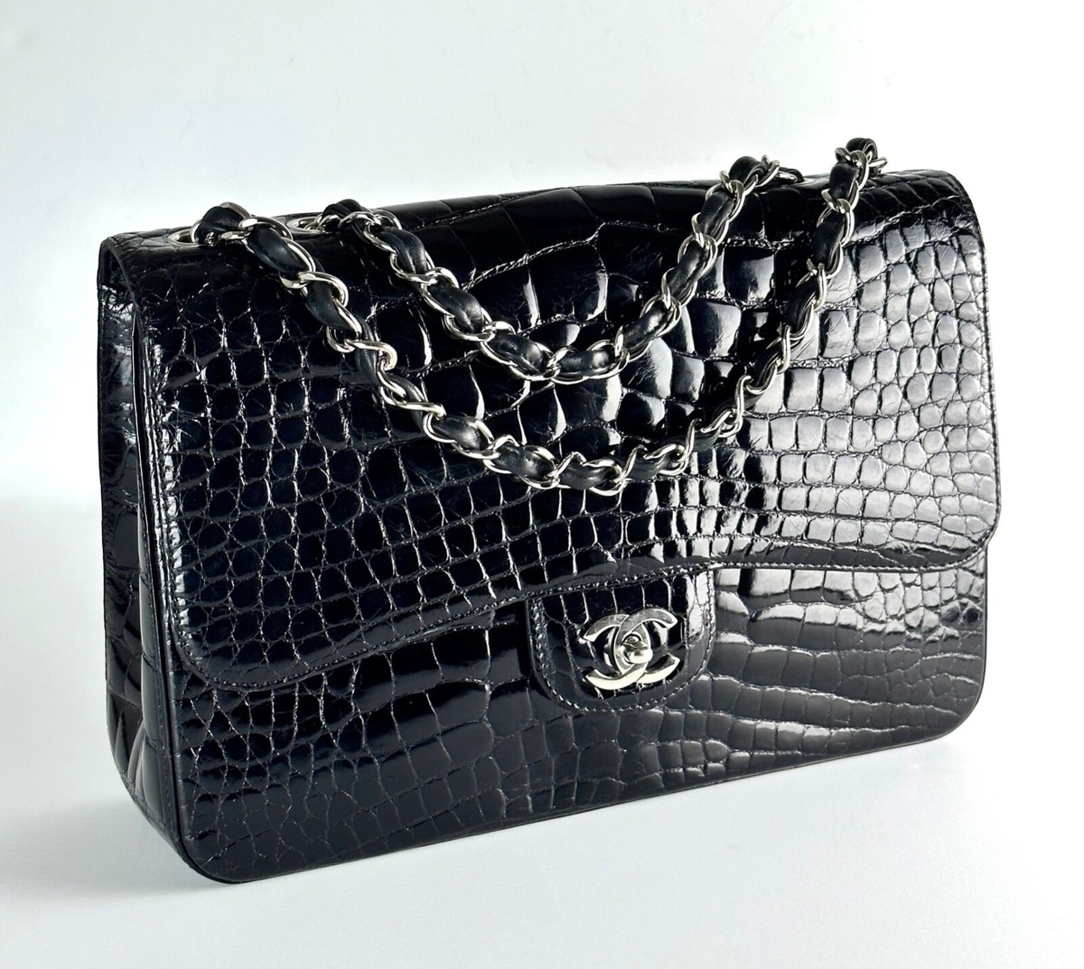 Classic Chanel Black Crocodile Flap Bag with Silver Hardware