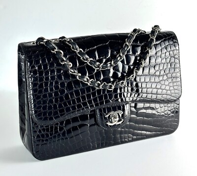 Classic Chanel Black Crocodile Flap Bag with Silver Hardware