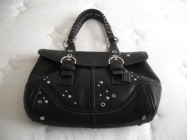 COACH STUDDED BLACK EXPANDABLE FLAP LEATHER SATCHEL BAG | eBay
