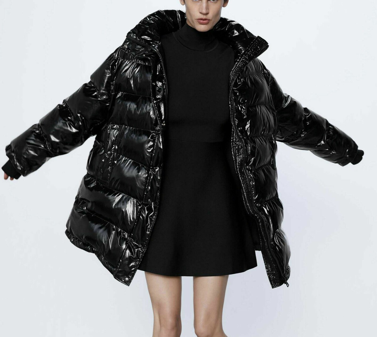 NWT ZARA OVERSIZED PUFFER GLOSSY VOGUE/RUNWAY COAT JACKET BLACK