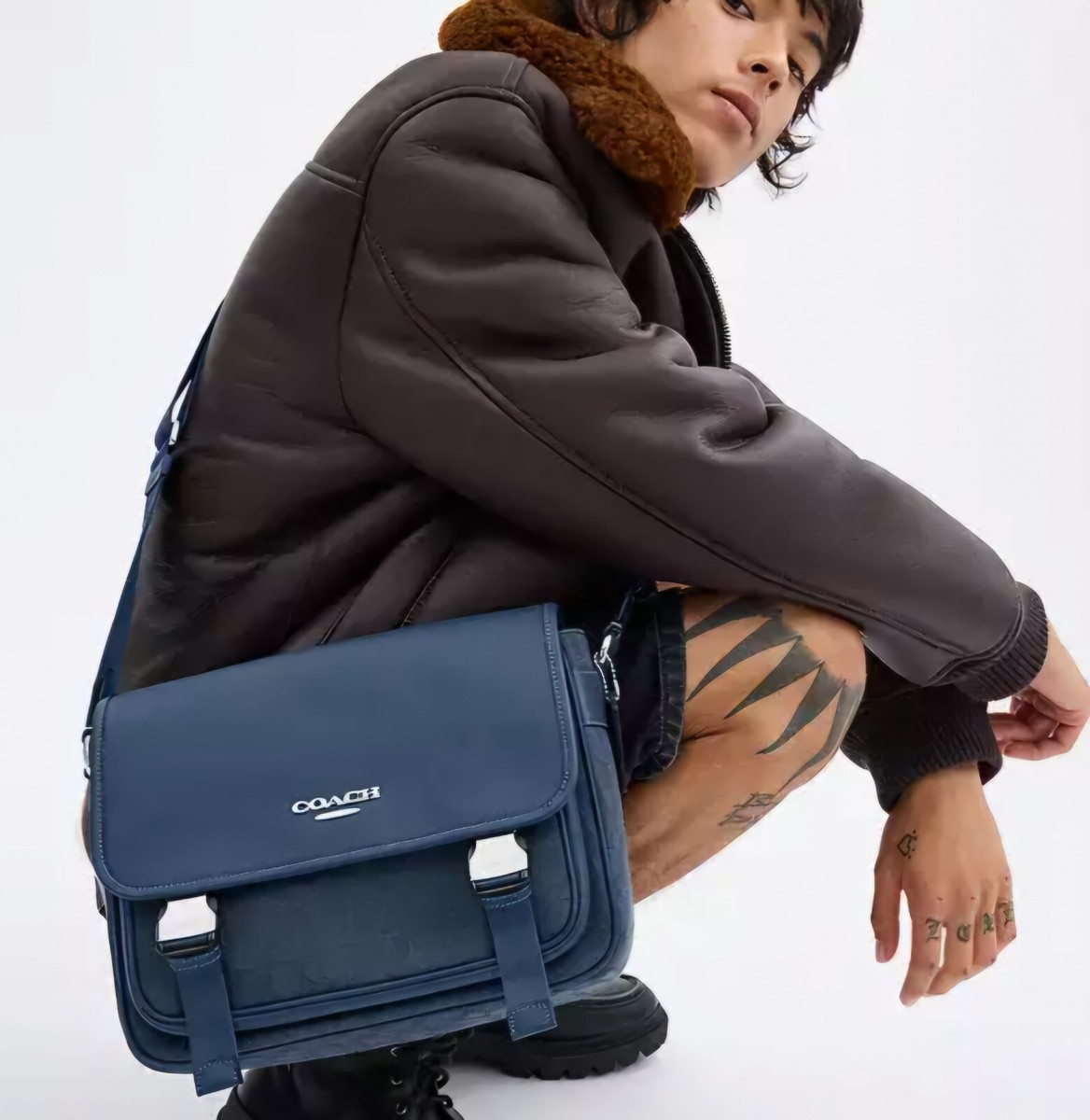 NWT Coach Unisex Racer Messenger In Navy Signature Jaquard Smooth