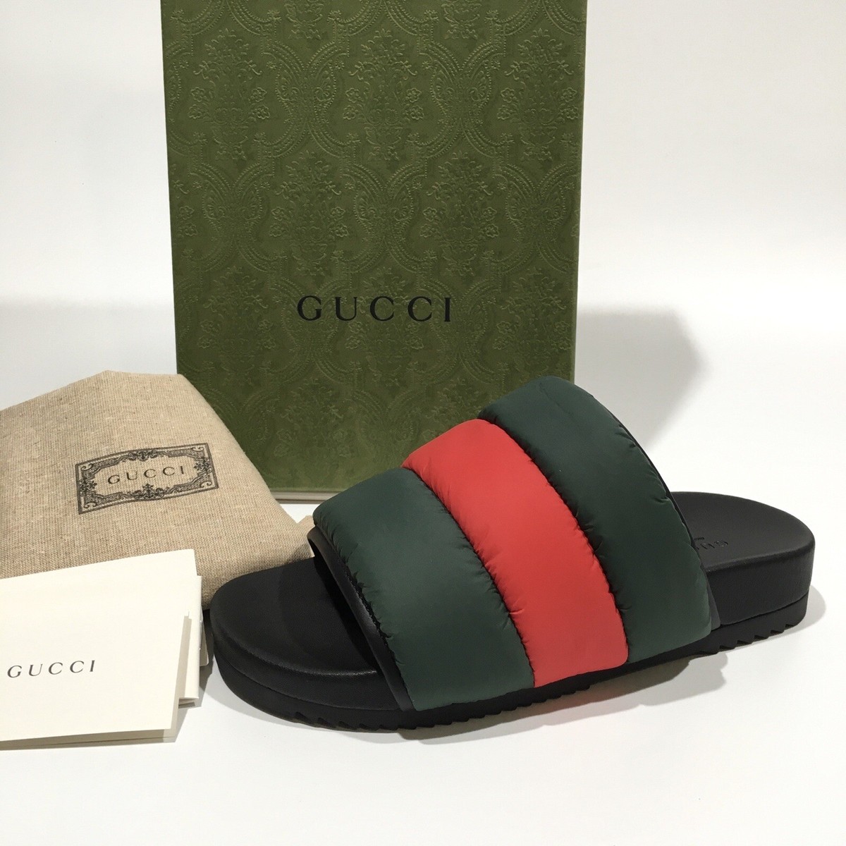 GUCCI PADDED WEB SLIDE SANDALS -GREEN / RED PUFFER NYLON -WOMEN'S