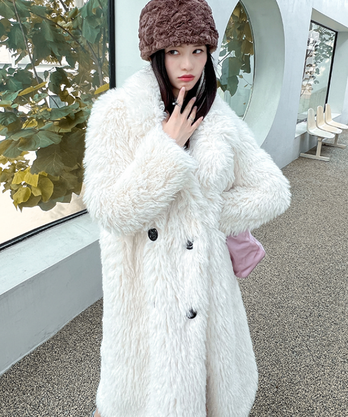 Women Winter Faux Lamb Fur Long Coat Loose Fit Furry Jacket Trench