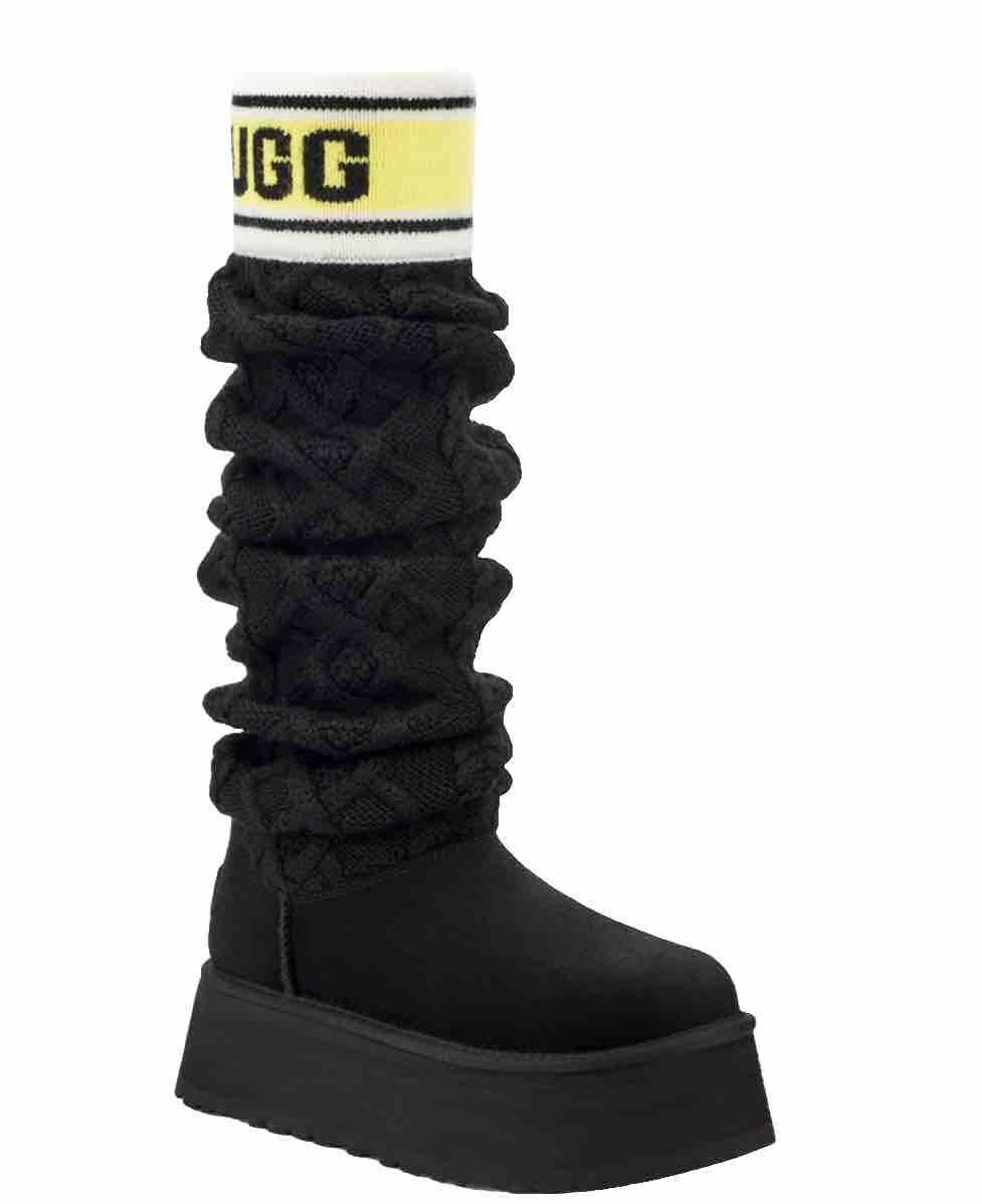 UGG CLASSIC SWEATER LETTER TALL KNIT SUEDE BLACK PLATFORM BOOTS