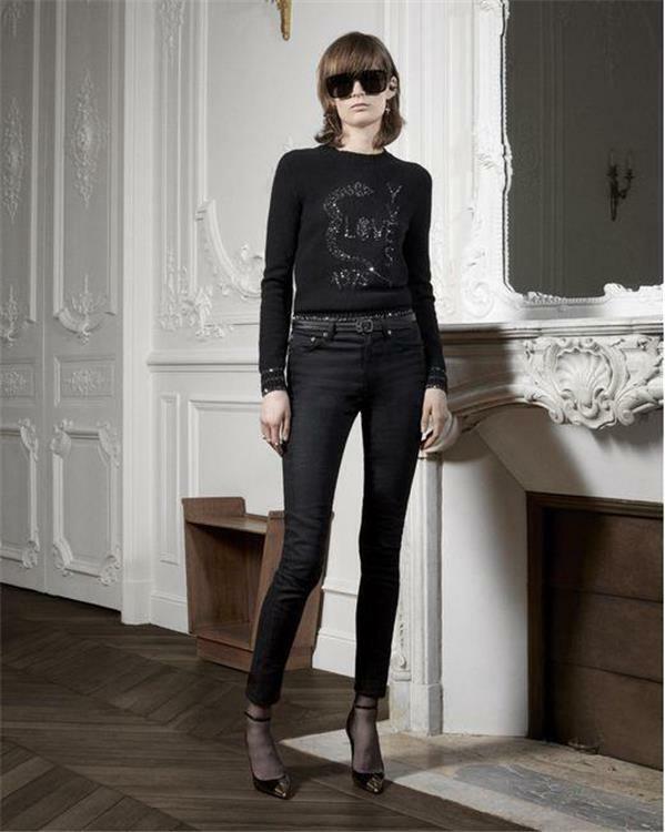 NWOT Saint Laurent Black Wool 'Love Yves 1975' Sequin Snake