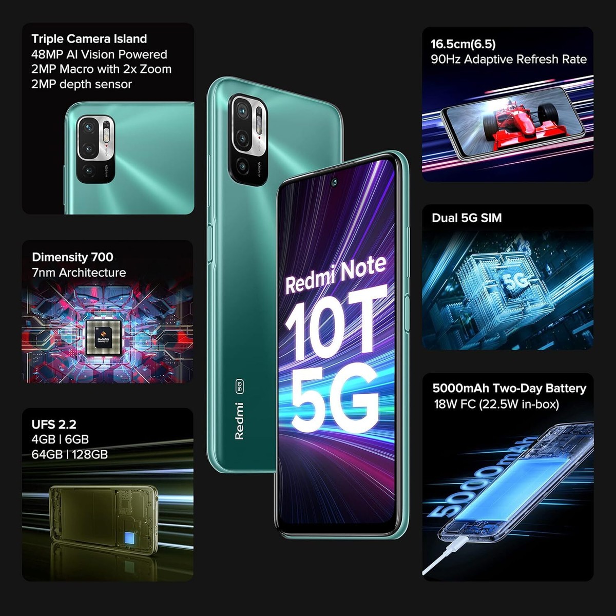 Redmi Note 10T 5G (Mint Green, 4GB RAM, 64GB Storage) | Dual5G